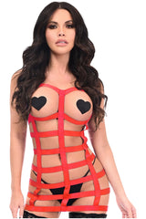 Red Stretchy Cage Dress Body Harness w/Silver Hardware
