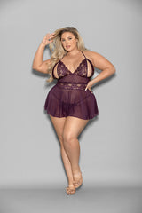 Plus Size Lace & Mesh Open Cup Babydoll