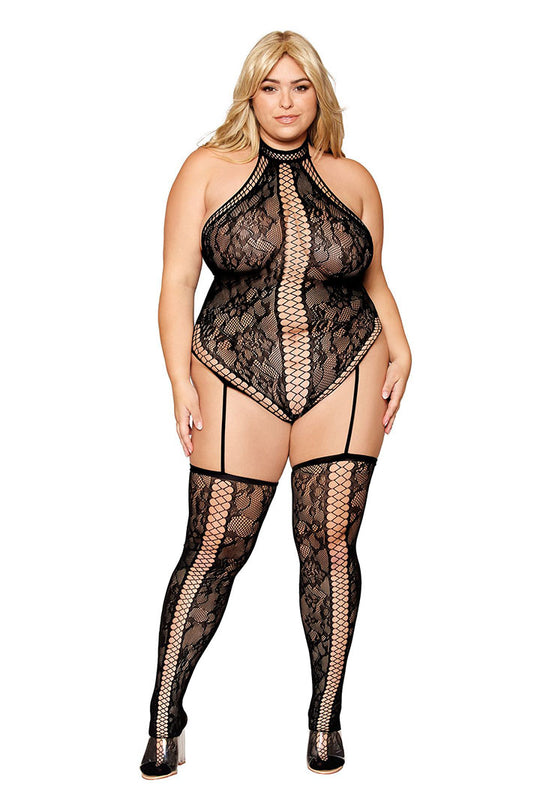 Plus Size Lace Teddy Bodystocking with Criss-Cross Detailing