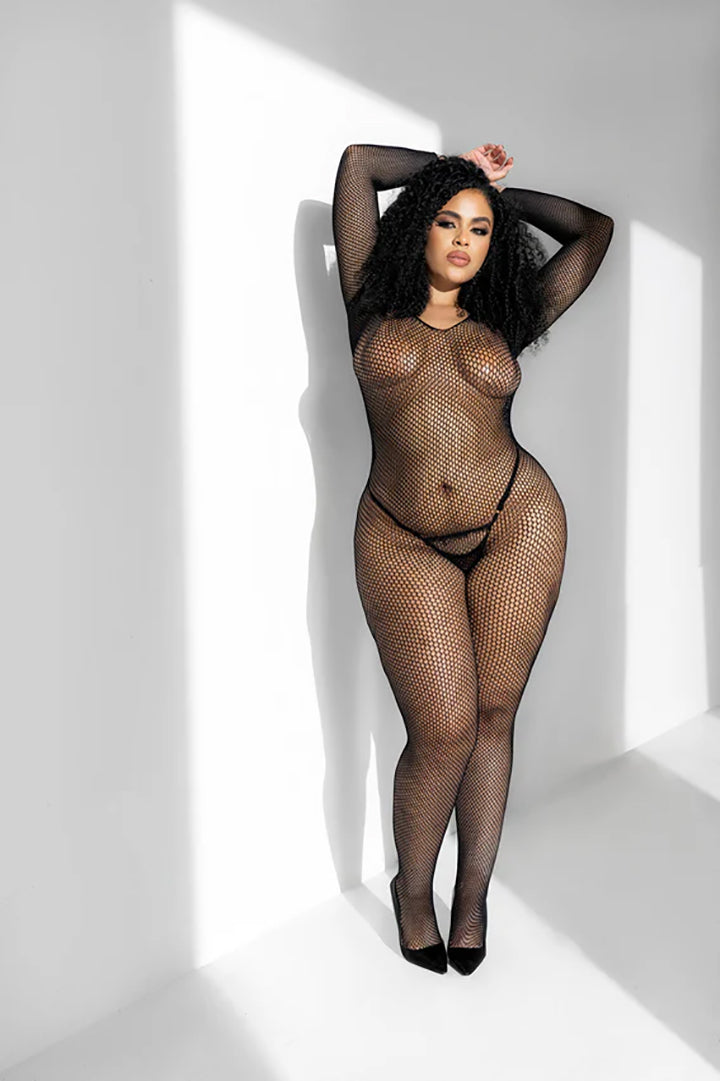 Plus Size Maya Long Sleeve Fishnet Bodystocking