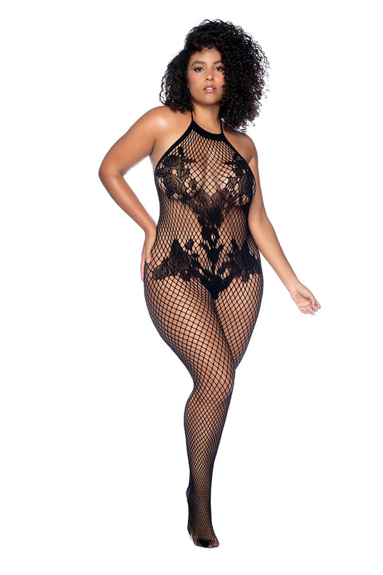 Plus Size Vino Noir Floral Fishnet Bodystocking