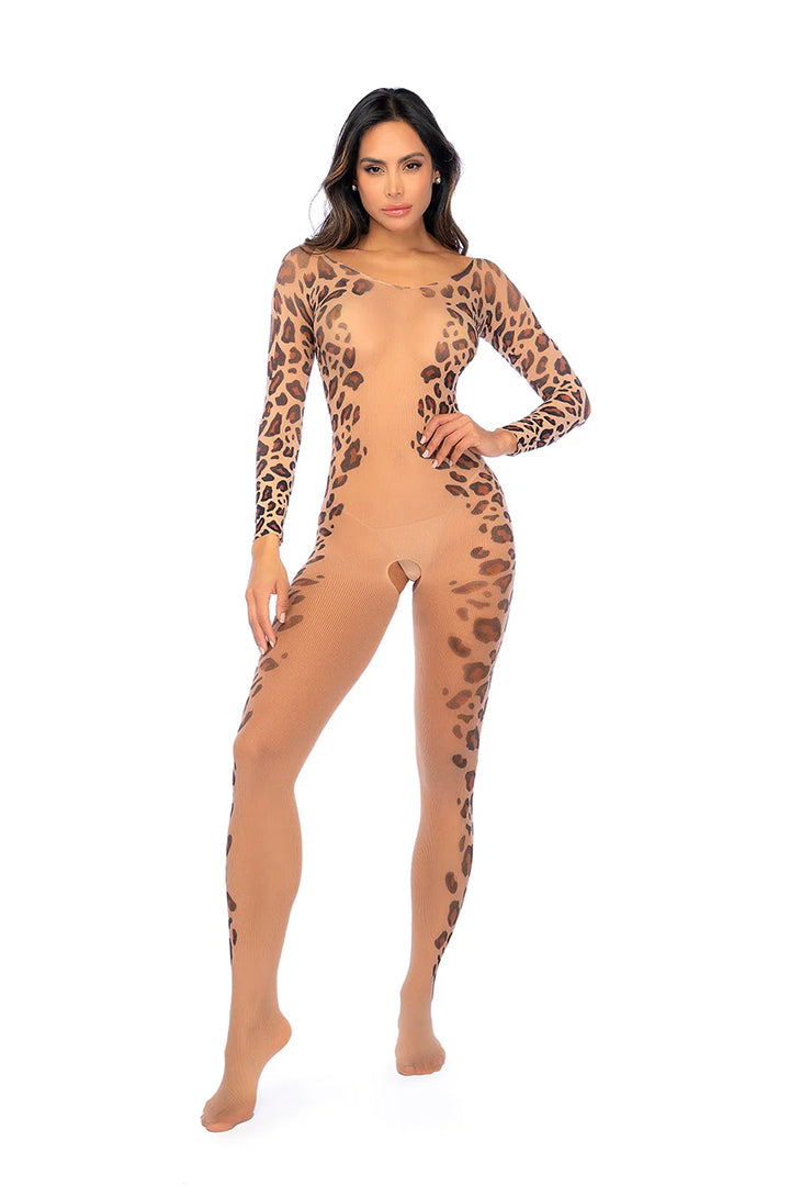 Long Sleeve Leopard Print Mesh Bodystocking