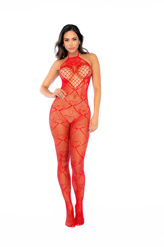 Heart Fishnet Bodystocking with Rhinestone Details