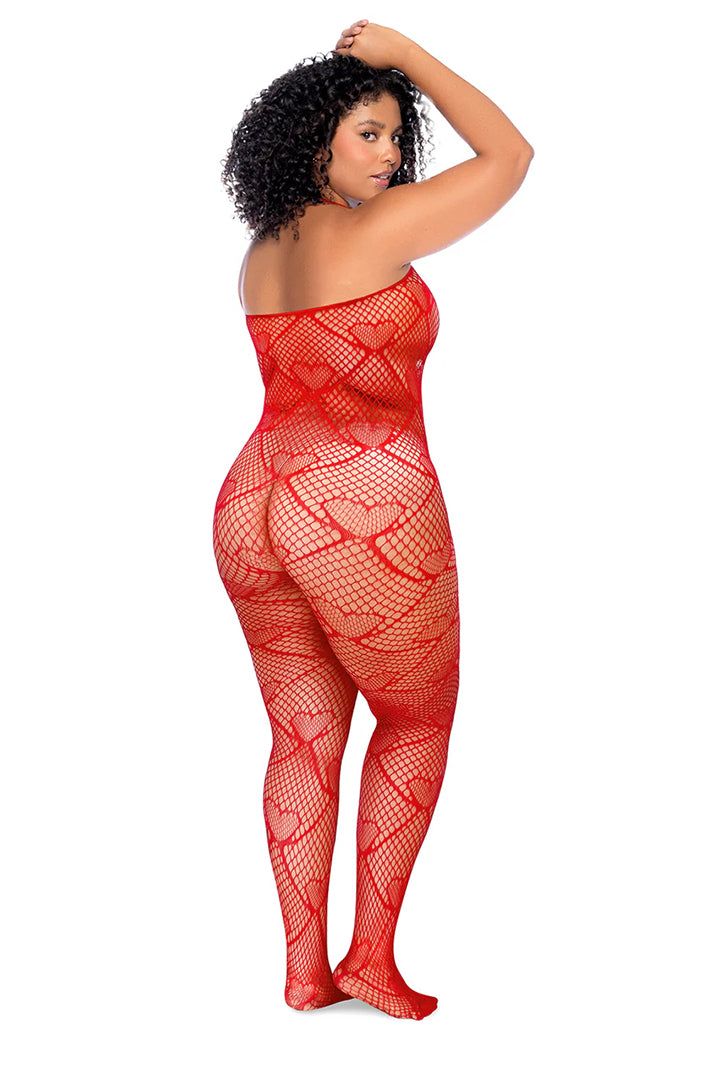 Plus Size Heart Fishnet Bodystocking with Rhinestone Details