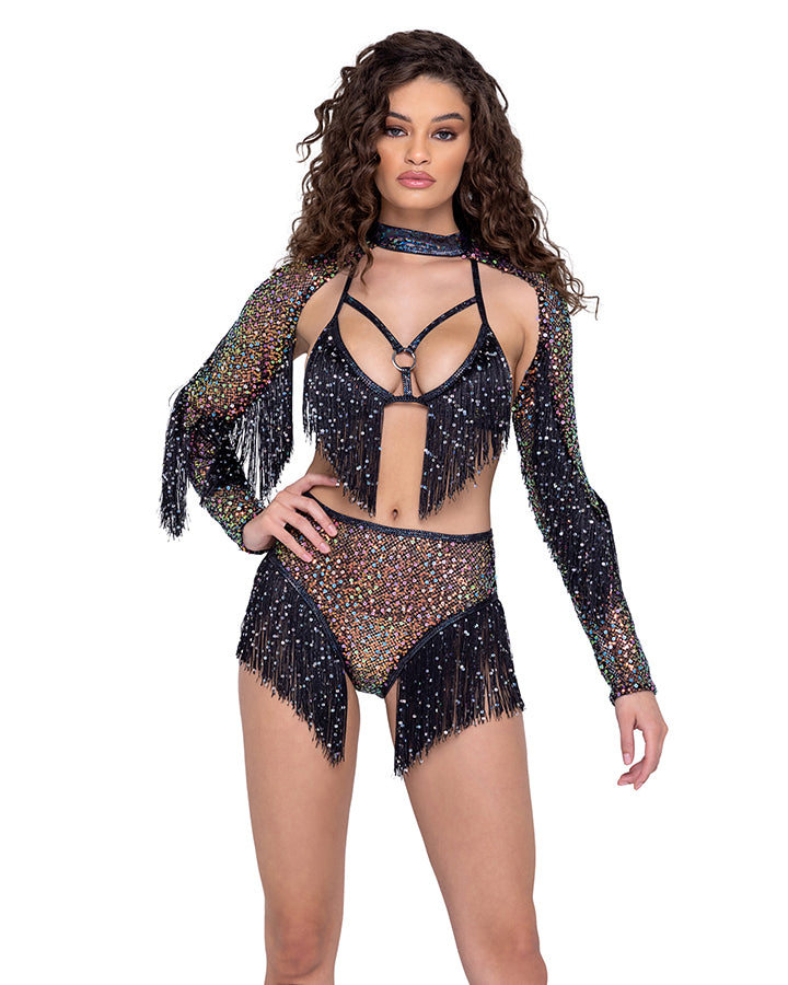 Sequin Fishnet Shrug with Sequin Fringe Detail