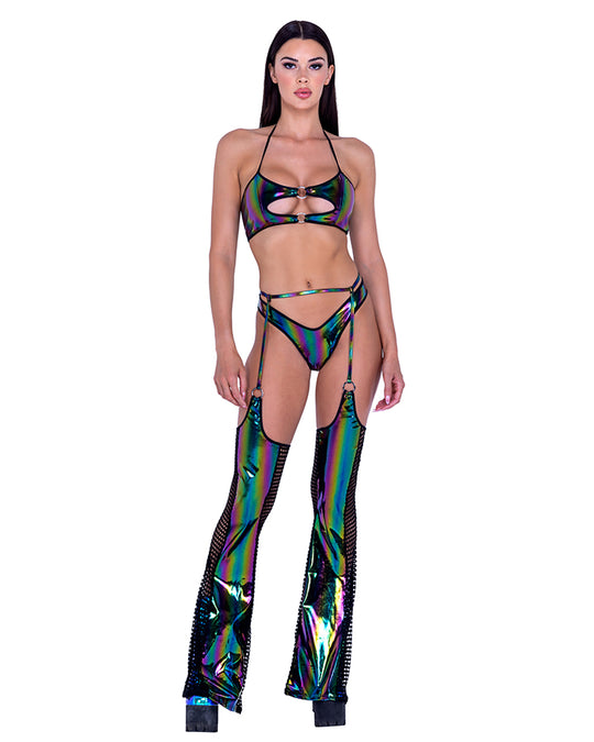 Rainbow Print Vinyl and Fishnet Chaps