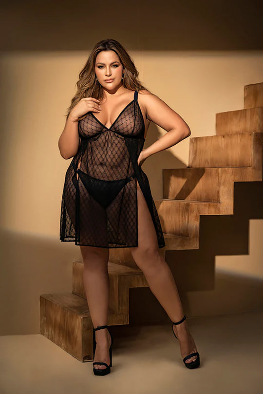 Plus Size Geometric Mesh Babydoll