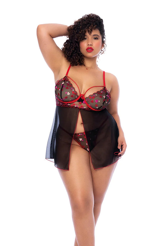 Plus Size Embroidered Hearts Underwire Babydoll