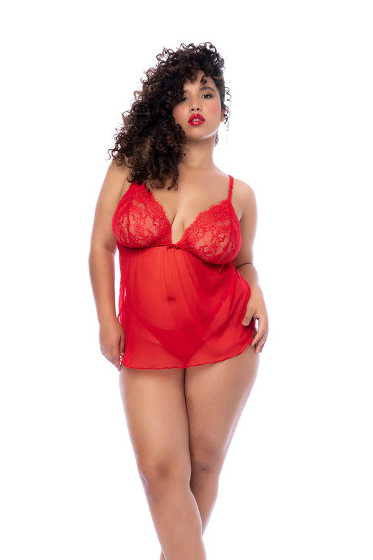 Plus Size Eyelash Lace & Mesh Babydoll