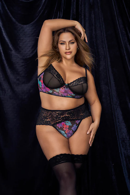 Plus Size 2 Piece Black Dream Flower Print & Mesh Set