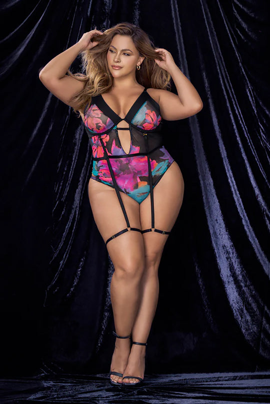 Plus Size Black Dream Flower Print Bodysuit