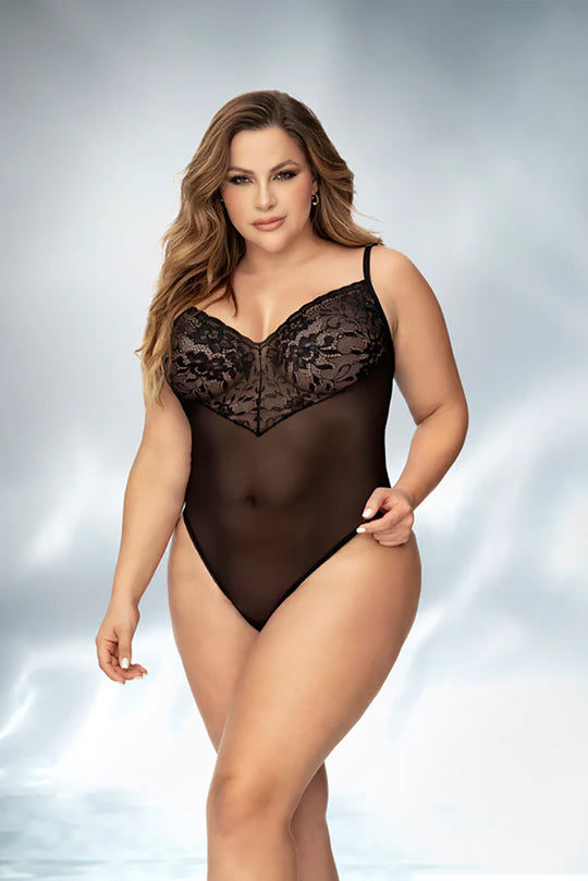 Plus Size Floral Lace & Sheer Mesh Bodysuit