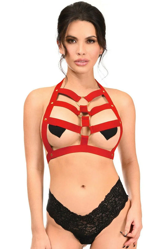 Dark Red Stretchy Body Harness w/Gold Hardware