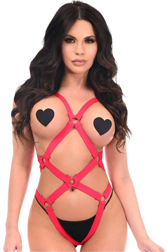 Red Stretchy Body Harness w/Silver Hardware