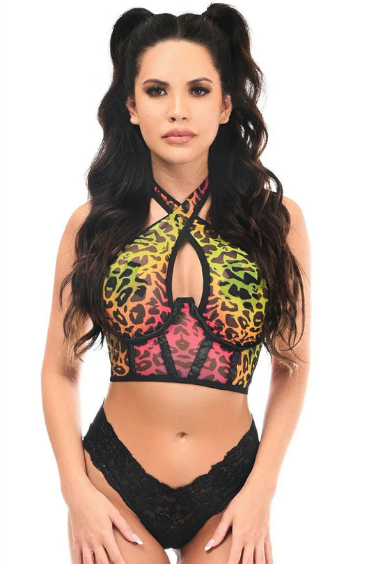 Lavish Rainbow Leopard Mesh Underwire Cincher w/Built In Halter Top