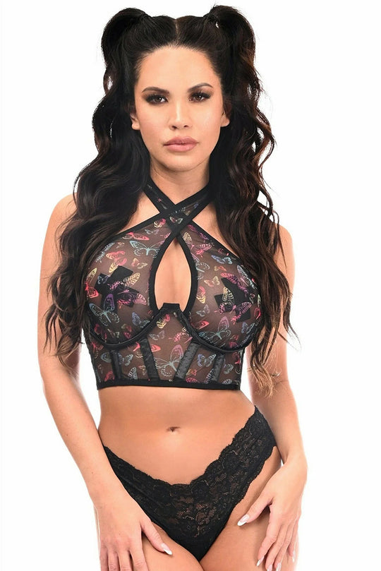 Lavish Neon Butterfly Mesh Underwire Cincher w/Built In Halter Top