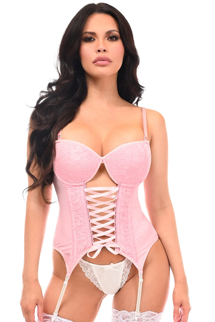 Lavish Lt Pink Lycra & Lace Hook & Eye Lace-Up Bustier Corset w/Garters