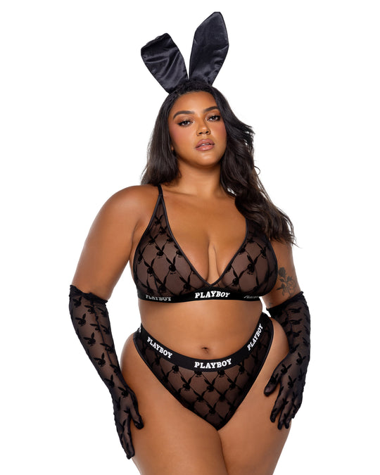 PBLI161 - Playboy Flocked Bunny Bralette 2pc Set