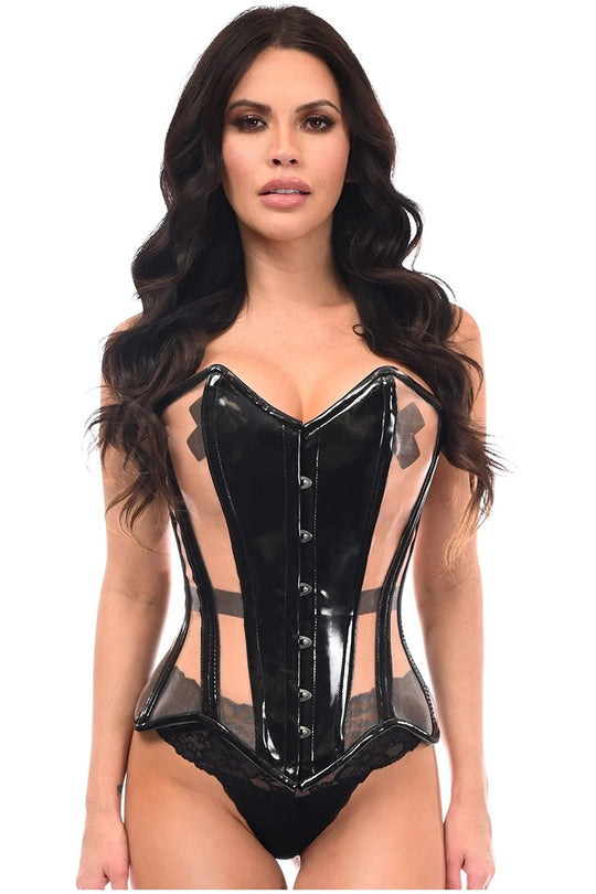 Top Drawer Black Patent & Nude Mesh Steel Boned Overbust Corset