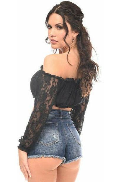 Black Lined Lace Long Sleeve Peasant Top - Daisy Corsets