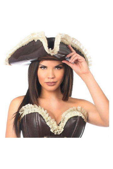 Dark Brown Distressed Faux Leather w/Cream Lace Pirate Hat