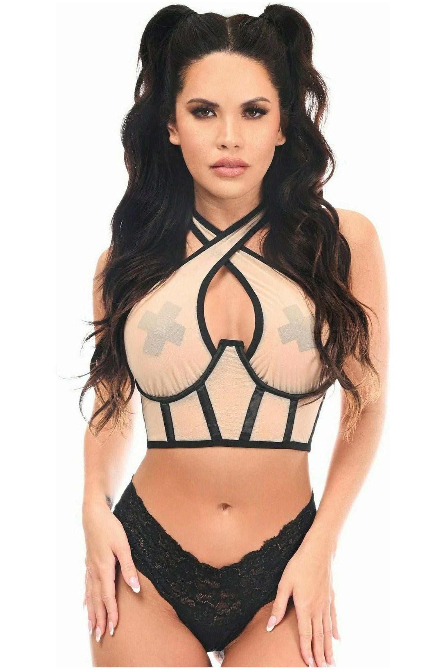 Lavish Nude Mesh Underwire Cincher w/Built In Halter Top - Daisy Corsets