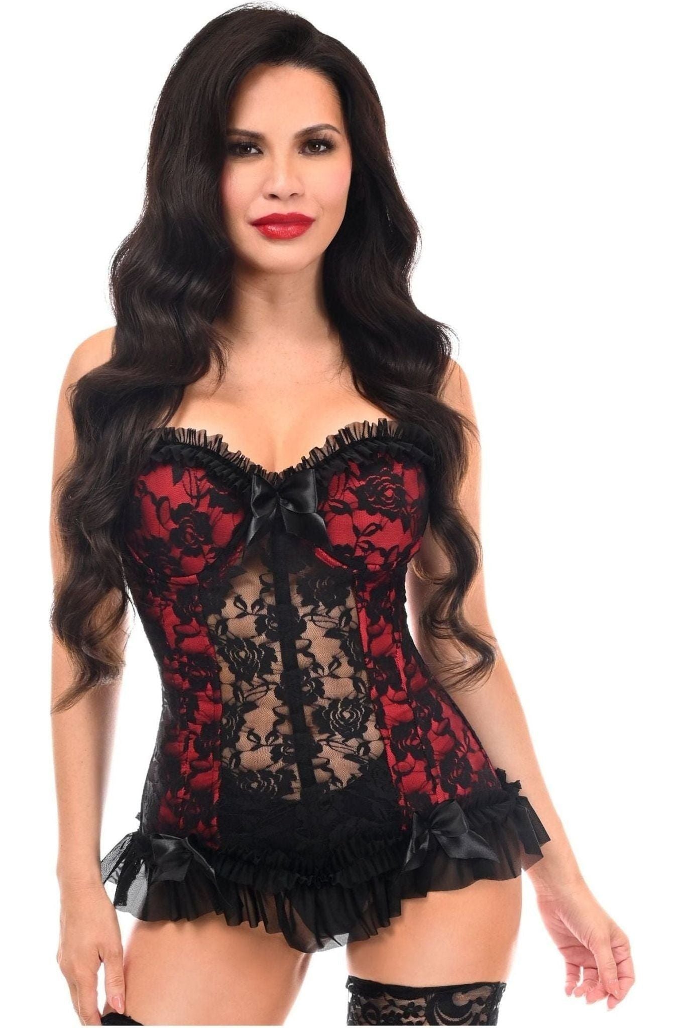 Lavish Red w/Black Lace & Lycra Hook & Eye Stretch Bustier Corset - Daisy Corsets