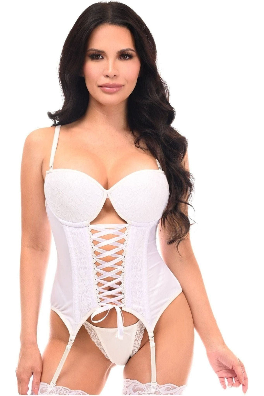 Daisy Corsets Lavish White Lycra & Lace Hook & Eye Lace-Up Bustier Corset w/Garters just damn sexy Daisy Corsets Lavish White Lycra & Lace Hook & Eye Lace-Up Bustier Corset w/Garters just damn sexy