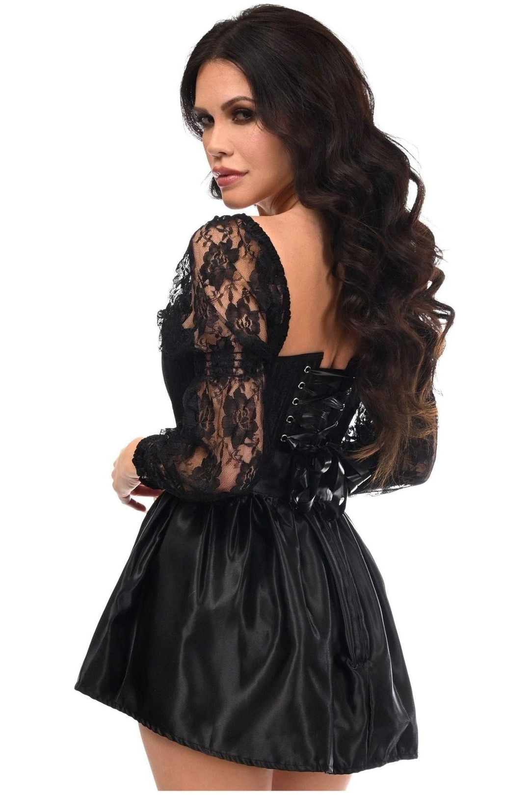 Top Drawer 2 PC Black Lace Steel Boned Corset & Satin Skirt Set - Daisy Corsets