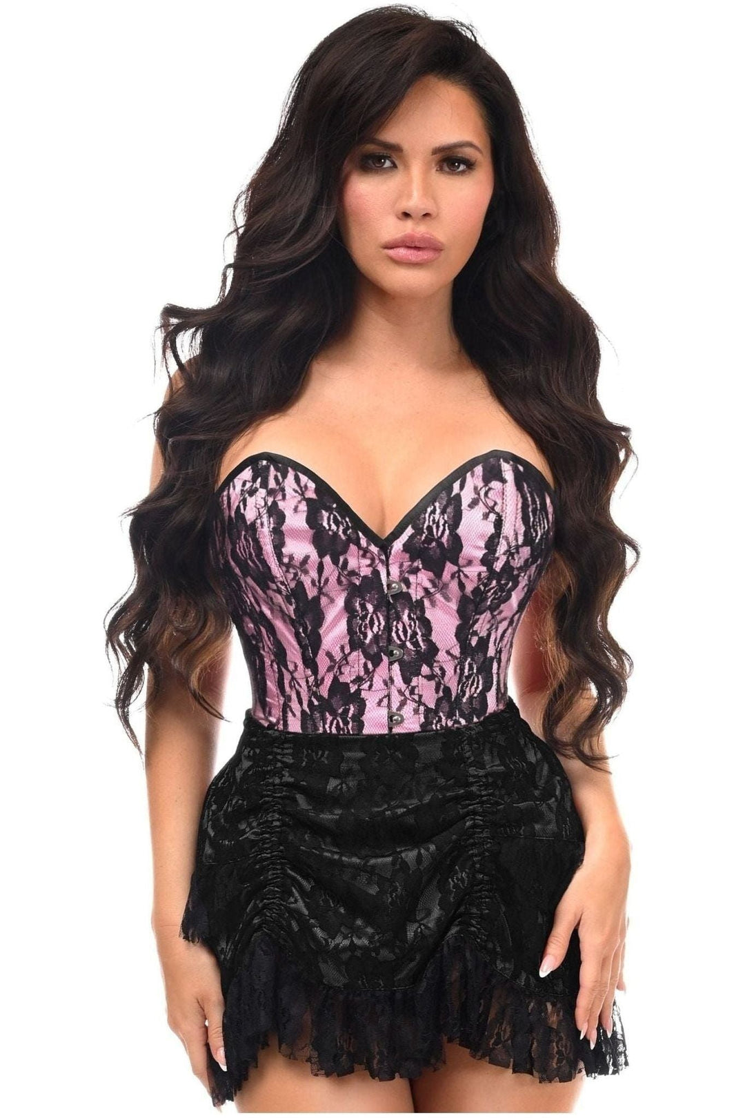 Top Drawer 2 PC Pink/Black Lace Steel Boned Corset & Skirt Set - Daisy Corsets