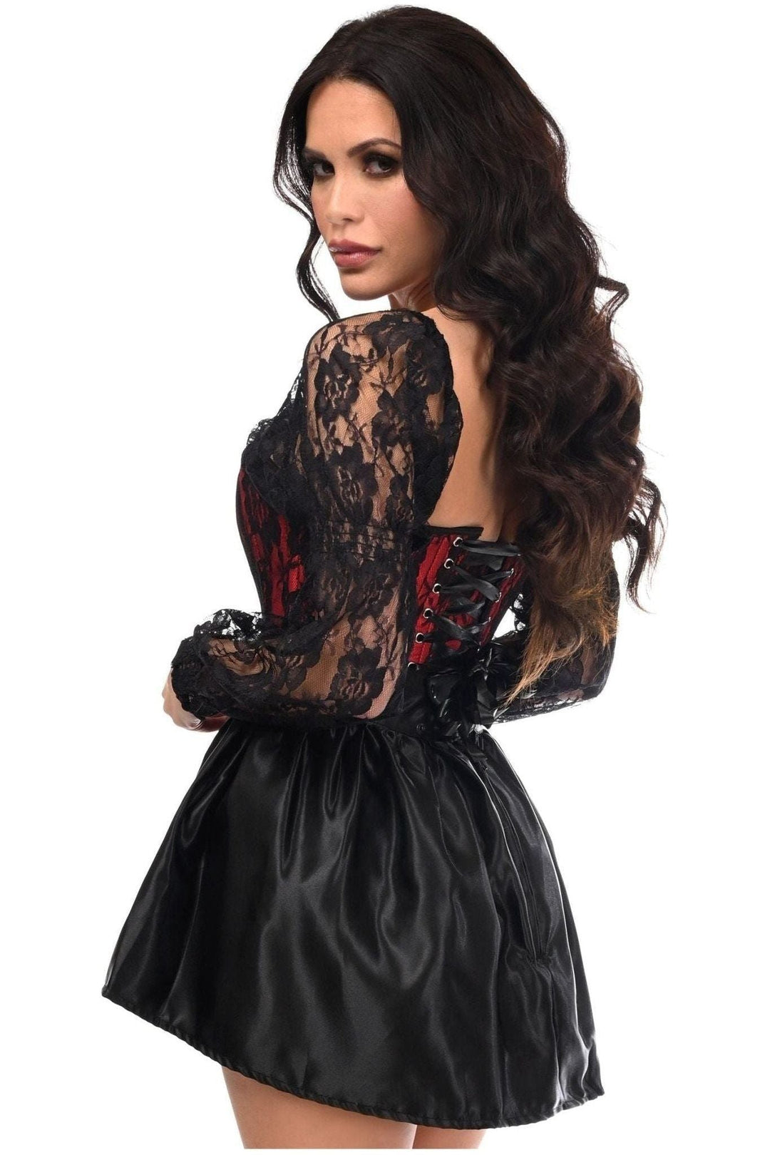 Top Drawer 2 PC Red/Black Lace Steel Boned Corset & Satin Skirt Set - Daisy Corsets