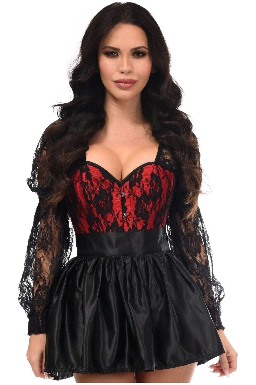 Top Drawer 2 PC Red/Black Lace Steel Boned Corset & Satin Skirt Set - Daisy Corsets