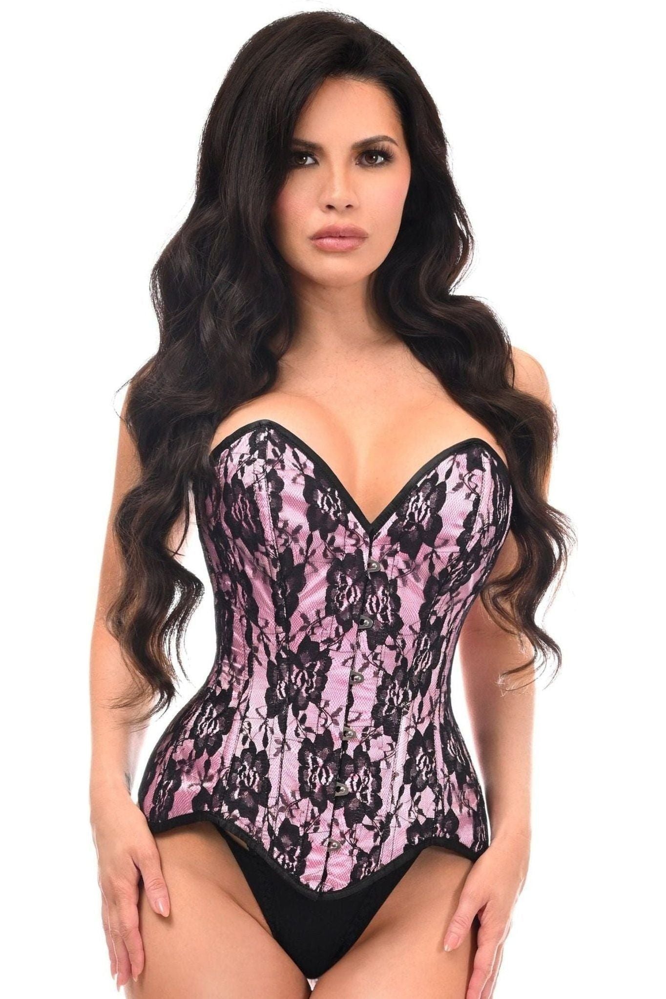 Top Drawer Pink Satin w/Black Lace Overlay Steel Boned Overbust Corset - Daisy Corsets