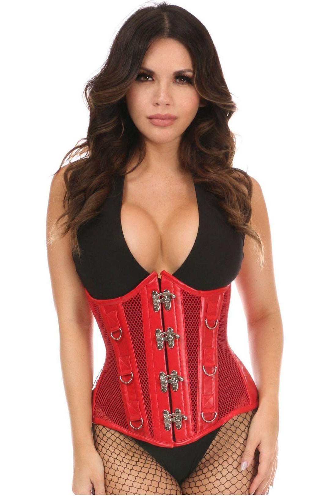 Top Drawer Red Faux Leather & Fishnet Steel Boned Under Bust Corset - Daisy Corsets