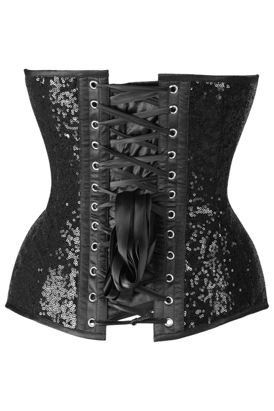 Top Drawer Steel Boned Black Sequin Plunge Neckline Overbust Corset - Daisy Corsets