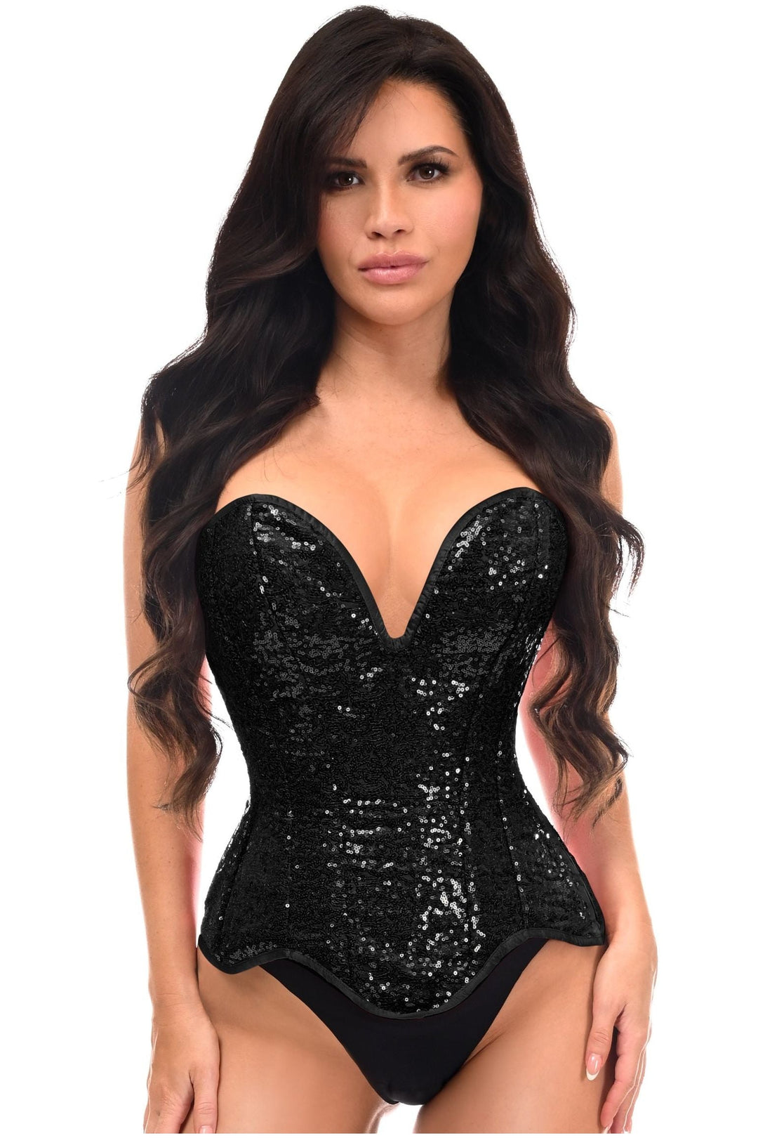 Top Drawer Steel Boned Black Sequin Plunge Neckline Overbust Corset - Daisy Corsets