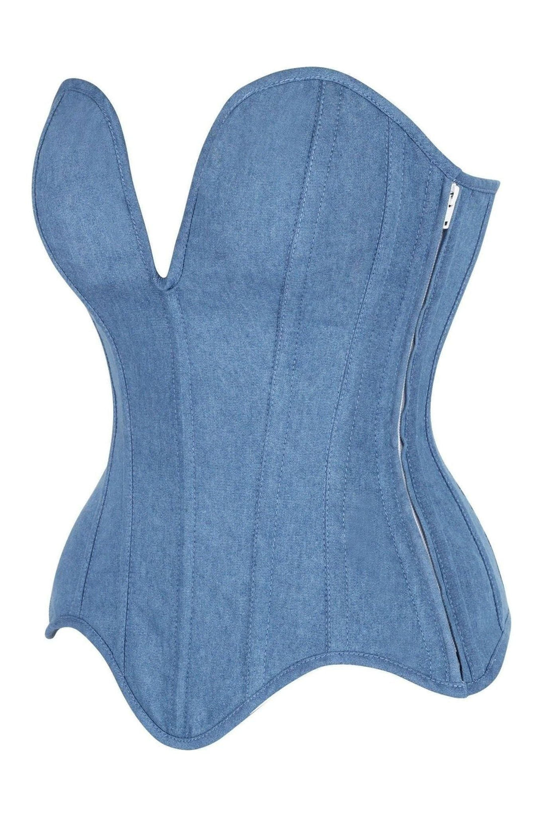 Top Drawer Steel Boned Blue Denim Plunge Neckline Overbust Corset - Daisy Corsets