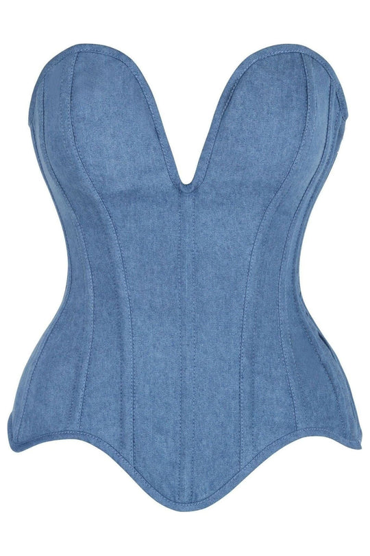 Top Drawer Steel Boned Blue Denim Plunge Neckline Overbust Corset - Daisy Corsets