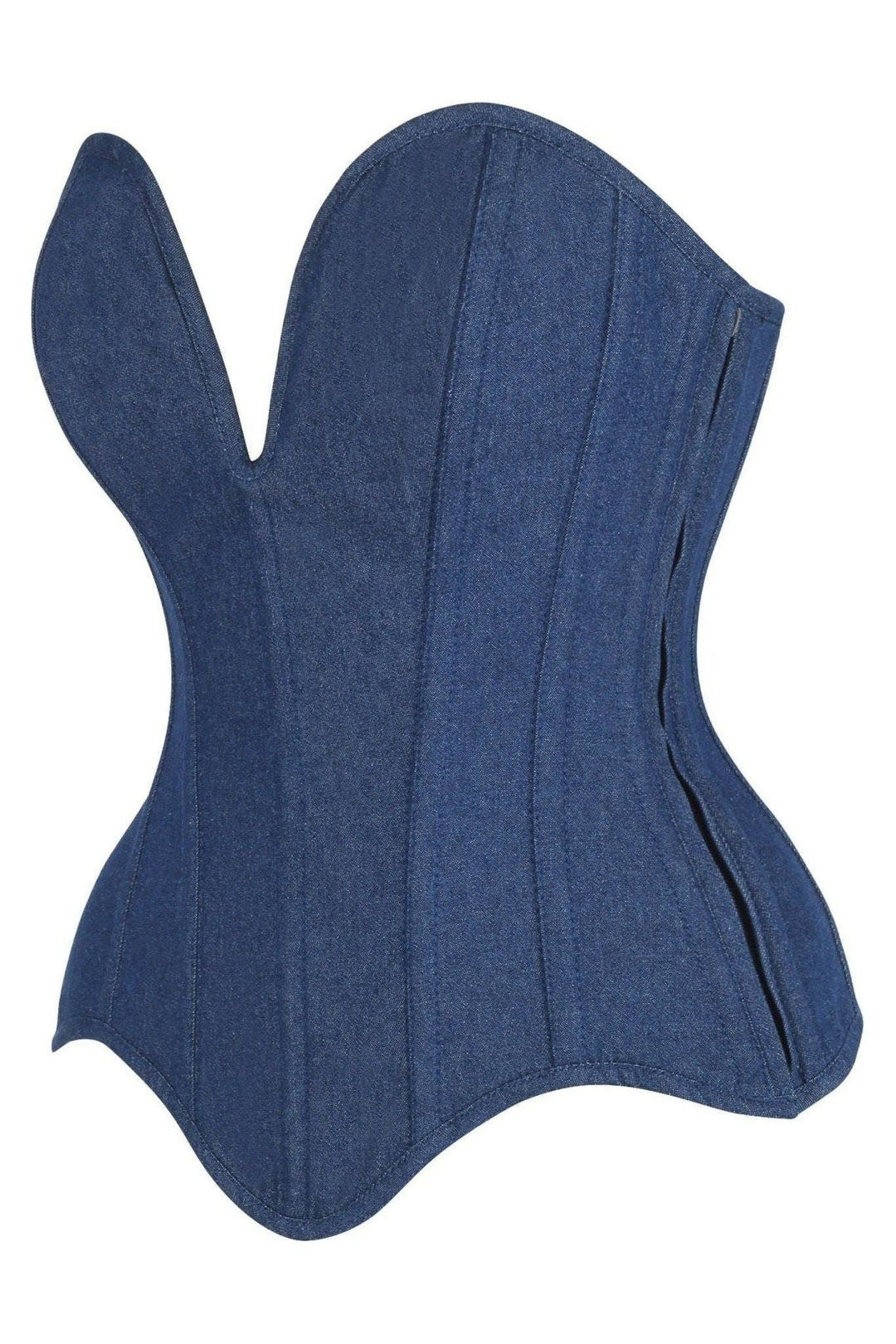 Top Drawer Steel Boned Dark Blue Denim Plunge Neckline Overbust Corset - Daisy Corsets