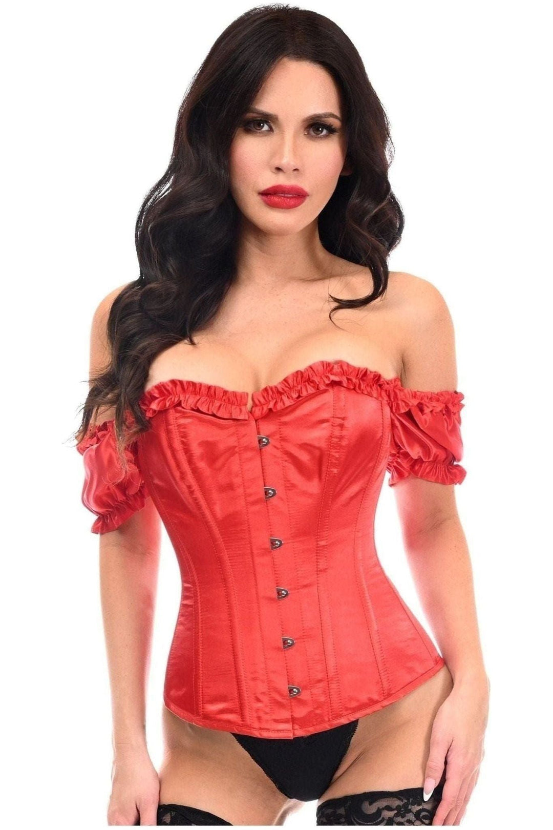 Top Drawer Steel Boned Red Satin Overbust Corset w/Sleeves - Daisy Corsets