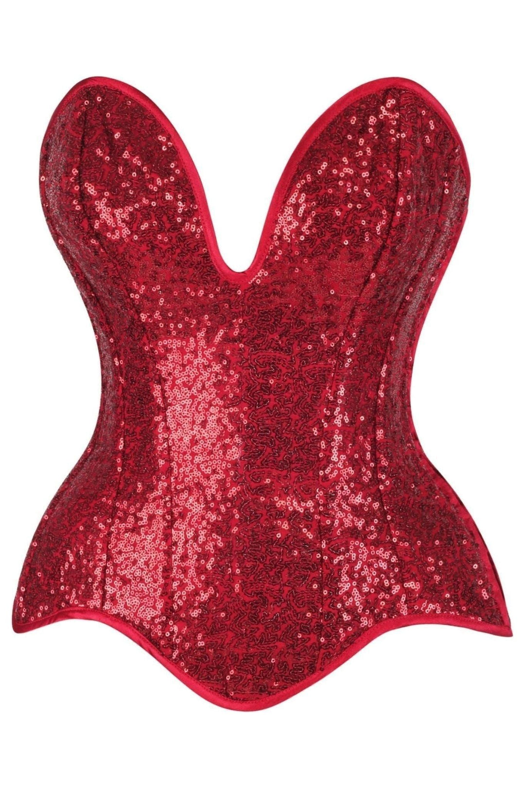 Top Drawer Steel Boned Red Sequin Plunge Neckline Overbust Corset - Daisy Corsets