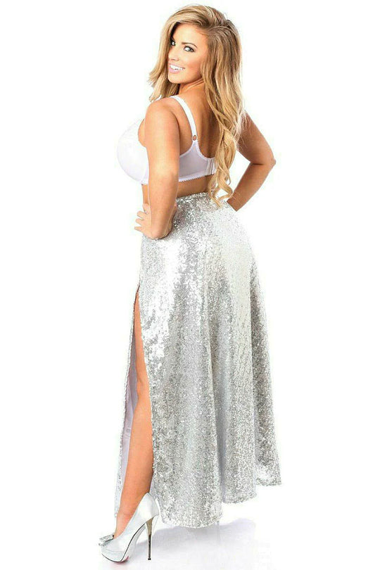 Top Drawer Long Silver Sequin Skirt
