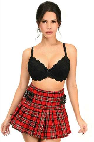 Red Plaid Pleated Skirt w/Buckles