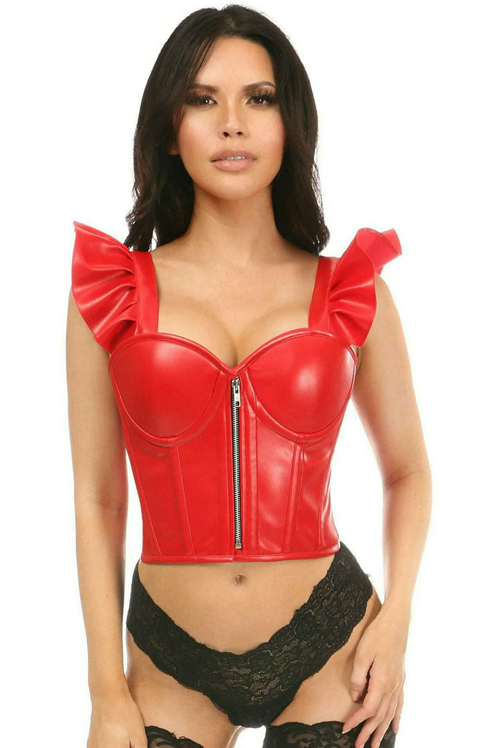 Lavish Red Faux Leather Bustier Top w/Ruffle Sleeves