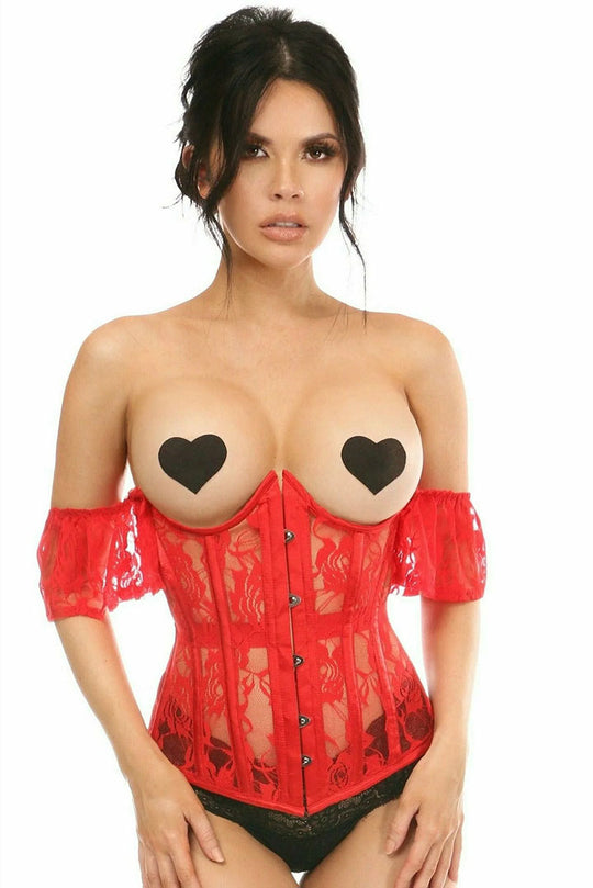 Lavish Sheer Red Lace Underbust Underwire Corset w/Ruffle Sleeve