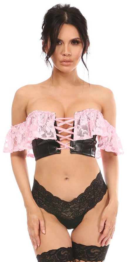 Lavish Lt Pink Lace & Faux Leather Bustier Top