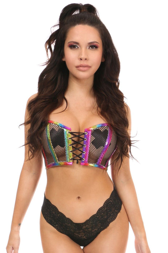 Lavish Rainbow PVC Glitter & Fishnet Lace-Up Short Bustier Top