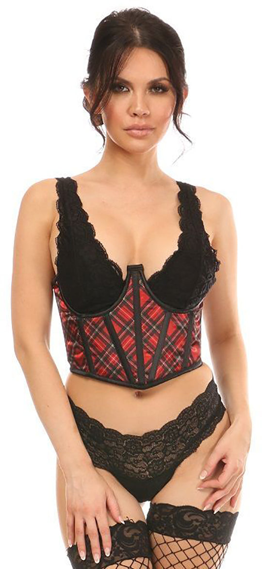 Lavish Red Plaid Satin Open Cup Waist Cincher